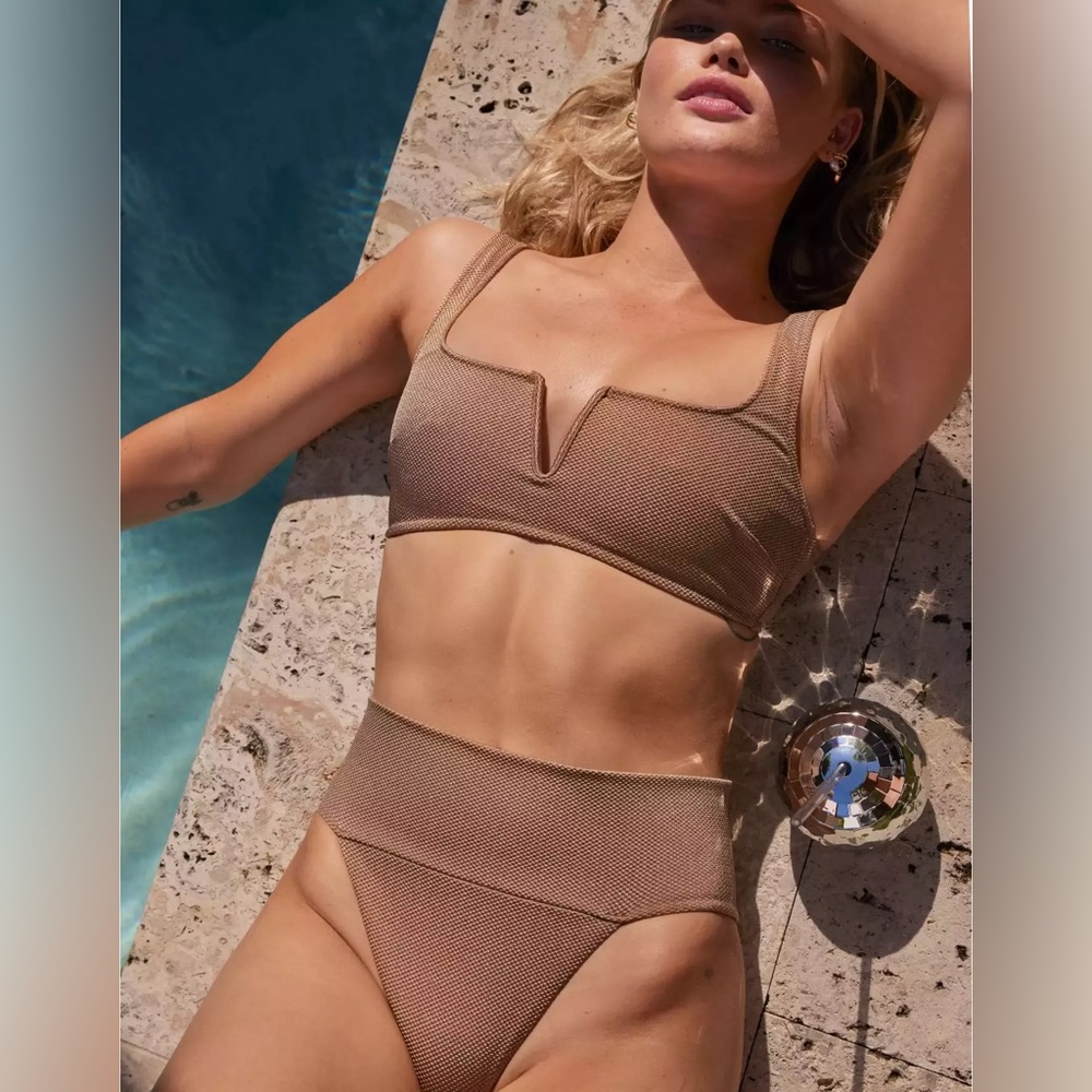 XS Aerie Tan Bikini Set - Shine Pique VWire Scoop Top Banded High Waisted Bottom